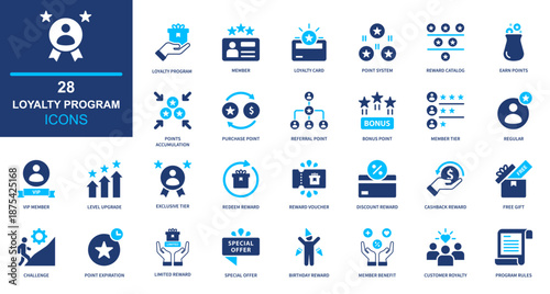 Loyalty program solid icon set. Customer reward points membership retention incentive icons for marketing strategy, CRM system, business dashboard, and app UI