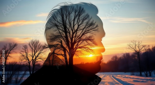 silhouette of a man against the backdrop of winter nature, sunset in the forest