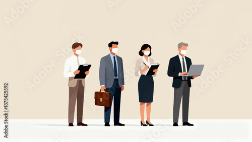 Four masked business professionals in line