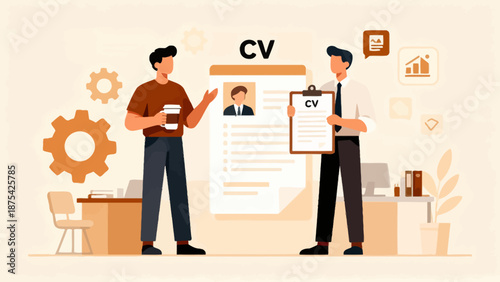 Two men discussing CVs in office setting