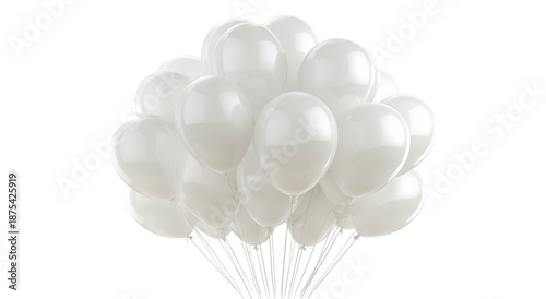 Rendered white balloons in a large cluster, all suspended by shiny silver strings