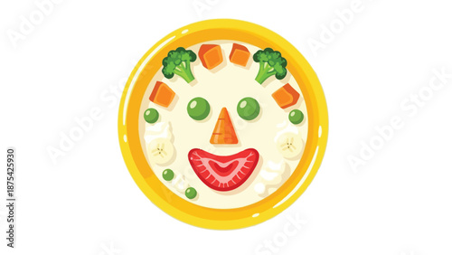 Whimsical bowl of nutritious breakfast cereal artfully decorated with vibrant fresh fruits and vegetables forming a cheerful smiley face for kids