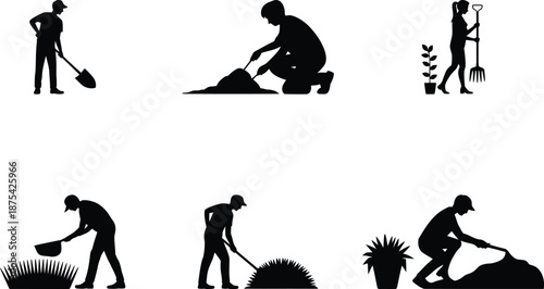 Collection of six black silhouettes depicting various gardening actions such as digging, shoveling, and tending to potted plants in an outdoor setting.