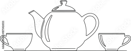Minimalist black and white line art illustration depicts a traditional round teapot perfectly centered between two empty teacups ready for serving hot beverages.