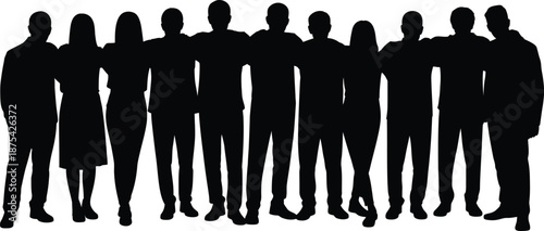 Silhouettes of a diverse group of eleven people standing together with arms around each other symbolizing unity and teamwork against a white background.