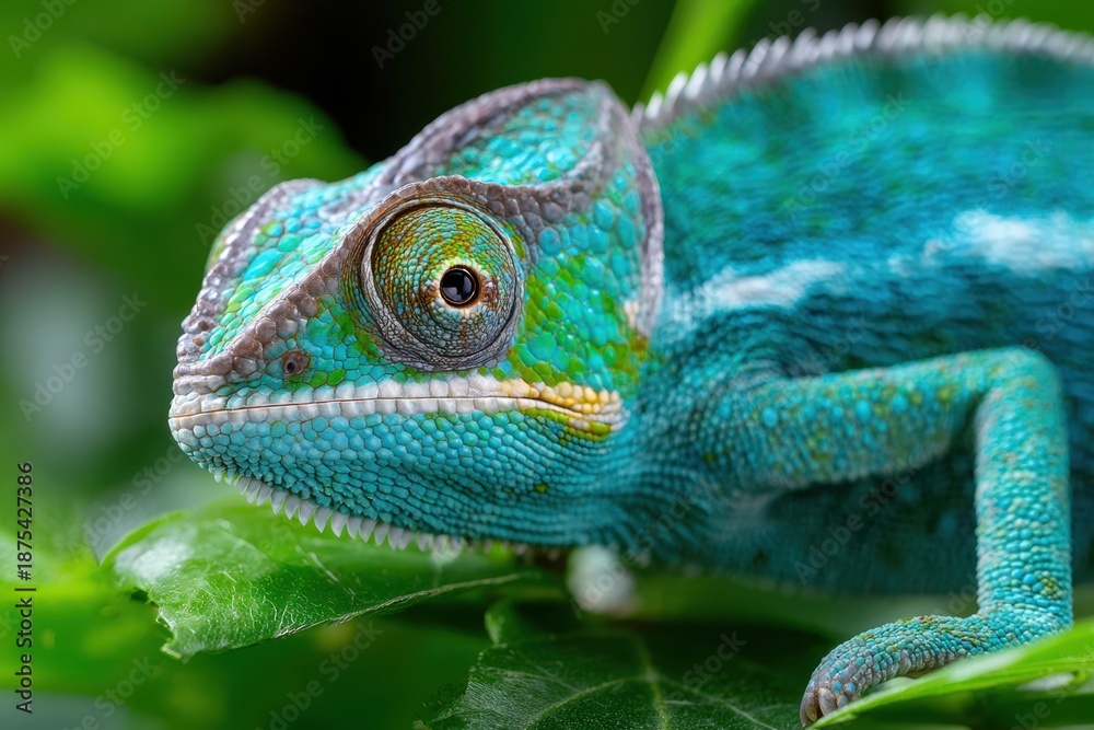 Fototapeta premium Close up of a vibrant blue chameleon on a leaf