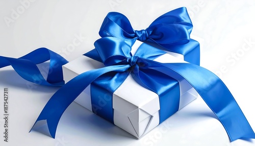 A pristine white cube gift is decorated with a vibrant blue satin ribbon and bow, ready for a special occasion