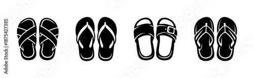 Summer footwear vector icons set: flat sandal and flip-flop symbols in black silhouette