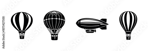 Vintage airships vector icons set, hot air balloons, dirigibles, retro transport