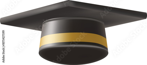 Realistic Black graduate cap. 3D Graduation Doctoral hat. PhD Academic mortarboard. Student degree board. Vector illustration.