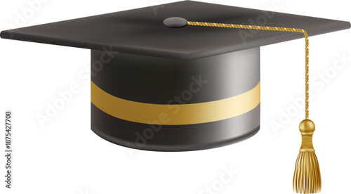 Realistic Black graduate cap. 3D Graduation Doctoral hat. PhD Academic mortarboard. Student degree board. Vector illustration.