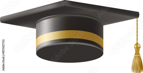 Realistic Black graduate cap. 3D Graduation Doctoral hat. PhD Academic mortarboard. Student degree board. Vector illustration.