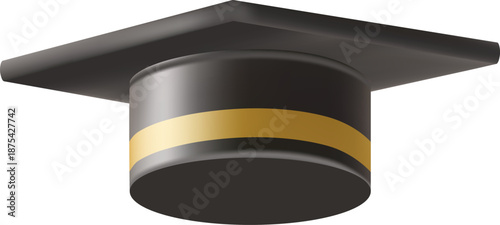 Realistic Black graduate cap. 3D Graduation Doctoral hat. PhD Academic mortarboard. Student degree board. Vector illustration.