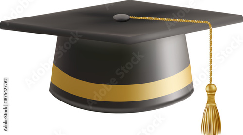 Realistic Black graduate cap. 3D Graduation Doctoral hat. PhD Academic mortarboard. Student degree board. Vector illustration.