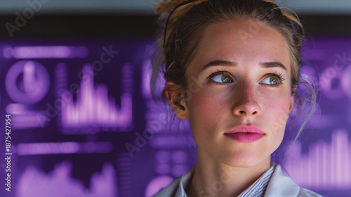 female financial analyst, focused on digital data charts, professional woman in office, violet and purple accents, modern business environment, upper body portrait, thoughtful professional