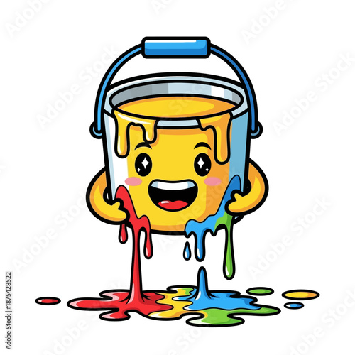 Happy Paint Bucket Character with Dripping Colors