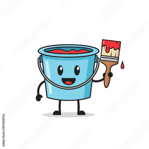 Cute cartoon paint bucket character holding paintbrush with red paint