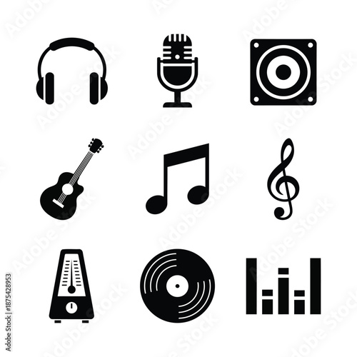 Music Silhouette Icons Vector, Headphone, Mic, Speaker, Guitar