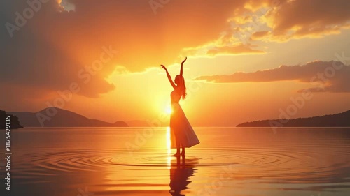 Silhouette of a woman dancing in the water at sunset. A graceful female figure with arms raised against a golden sky. Freedom and spirituality concept