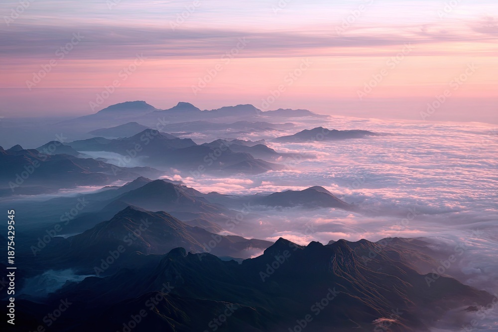 Obraz premium Aerial view of mountain peaks emerging from a sea of clouds, illuminated by a pink and purple sunrise