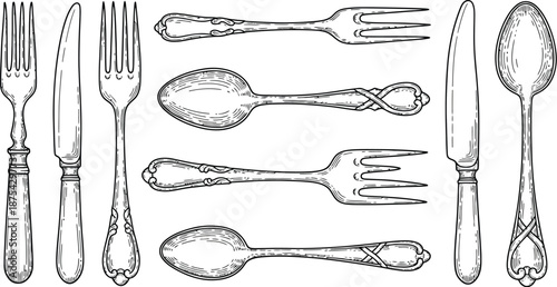 Collection of antique sterling silverware featuring ornate decorative handles on forks spoons and knives perfect for vintage tableware design concepts.
