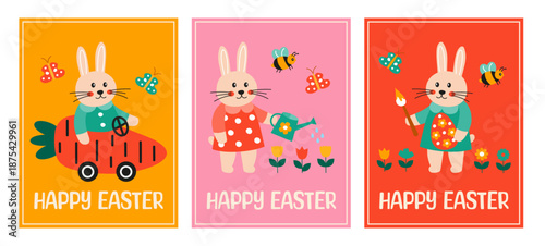 Happy Easter celebration illustrations with bunnies and colorful flowers in vibrant designs for spring enjoyment