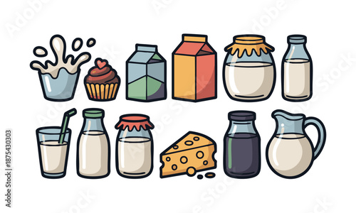 dairy and dessert vector illustration set flat cartoon style, easily editable.