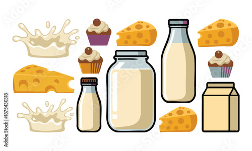 flat cartoon dairy products and dessert icons  vector illustration set flat cartoon style, easily editable.