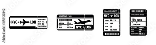 Airline ticket vector icons set in black. travel pass, boarding pass symbols