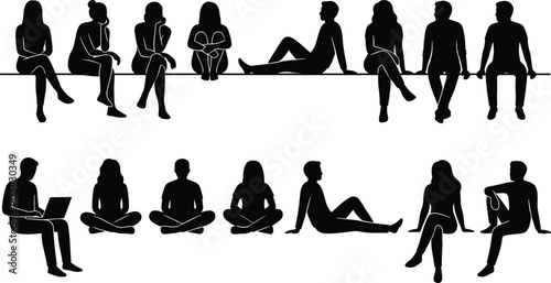 Seated silhouette figures, bench and ground poses, casual postures, black icons, white background, human gesture, vector illustration, design