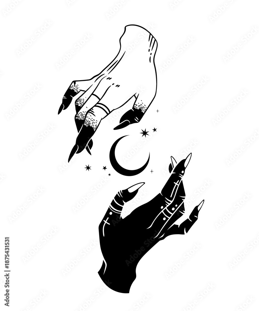 Obraz premium Two hands in a magical composition with a crescent moon. Black elements on a white background