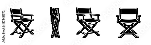 Directors chair vector icons set with folding options and cinema symbols