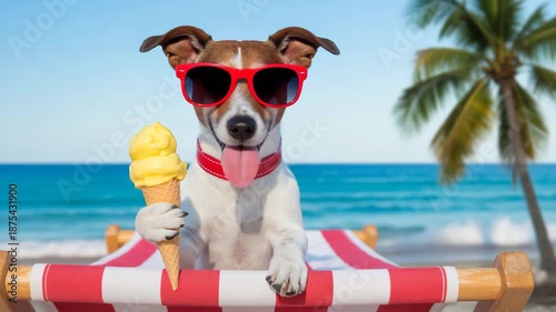 Funny dog in sunglasses enjoying ice cream on beach vacation