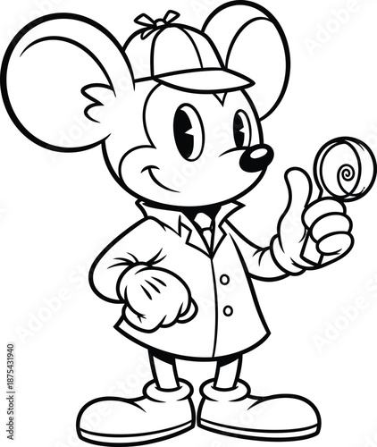 a charming black and white illustration depicts a cartoon mouse detective holding a magnifying glass investigating clues with a cheerful expression