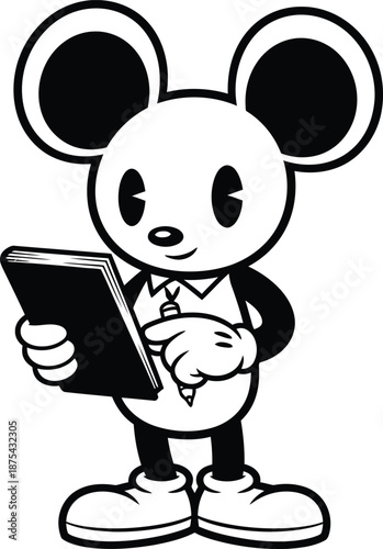 a charming black and white illustration depicts an anthropomorphic mouse character dressed in business attire holding a book high quality professional