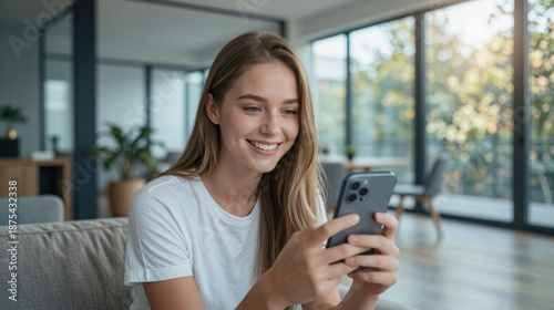 Smile young woman using smartphone at home and holding phone on her hand use of shopping, search, chat, message at indoor living room with beautiful natural light