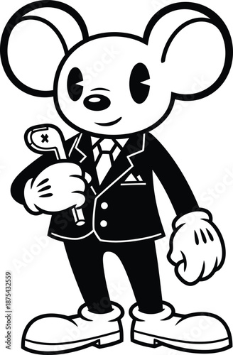 A charming black and white illustration depicts a formally dressed mouse character confidently holding a letter in its hand high quality