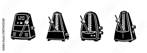 Metronome vector icons set: flat, solid, outline musical timer collection