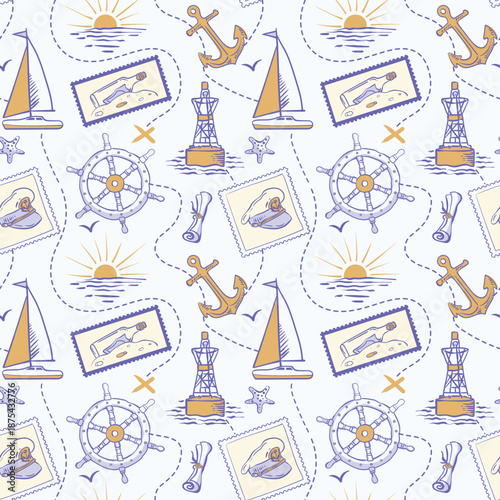 Adventure seamless nautical pattern whis buoy, sailboat, steering wheel, sea and anchor. Stamps with bottle and a captain's hat. A dotted treasure hunt trajectory. Trendy blue and yellow colors.