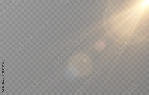 Vector realistic light PNG. Sun with rays and glare PNG. Sunlight or dawn on transparent background. Golden light.