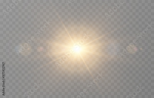 Vector realistic light PNG. Sun with rays and glare PNG. Sunlight or dawn on transparent background. Golden light.