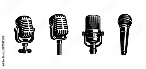 Retro microphones vector icons set, vintage mic collection, audio equipment symbols
