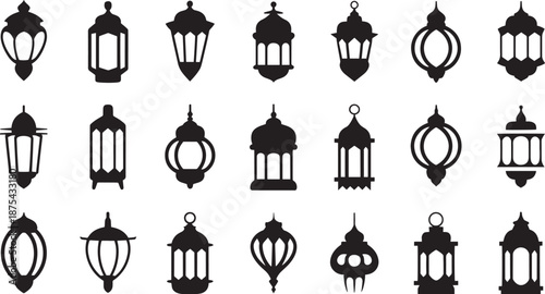 Black Lantern Silhouettes on White Background