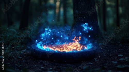 Magical blue fire in dark forest