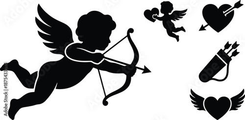 Cupid Silhouette Icon Set for Valentine's Day 2026 - Love and Romance Vector Symbols Isolated on White Background