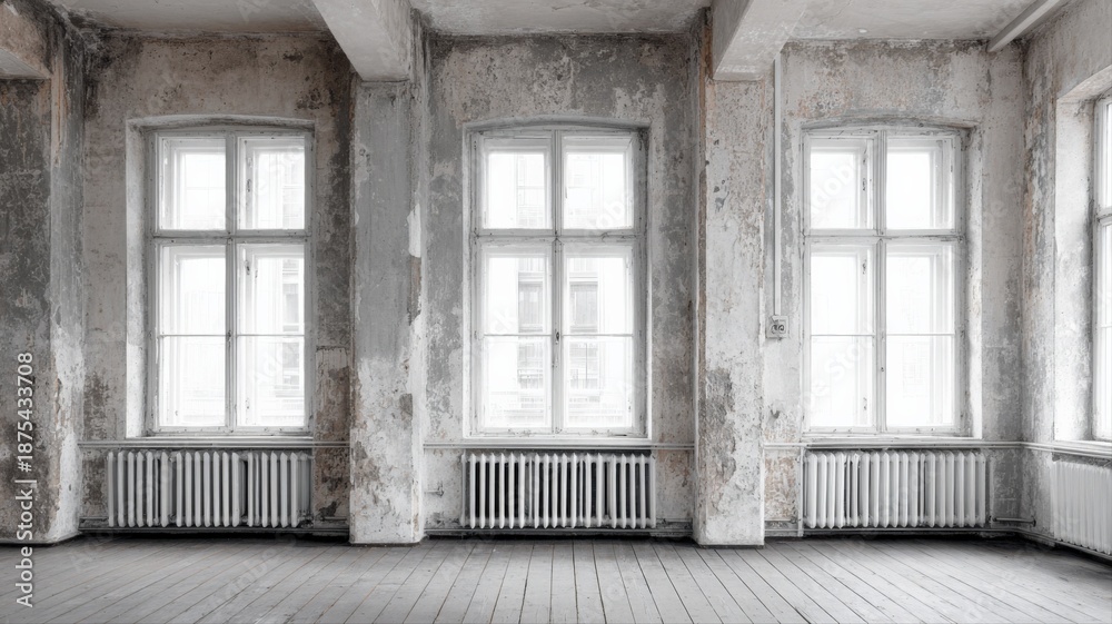 Obraz premium Empty Room with Grungy Walls and Windows, Perfect for Renovation or Design Mockups