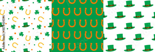Set of St Patrick day seamless pattern in green and orange.Vector graphic illustration background wallpaper, repeat pattern with with Leprechaun hat, horseshoes and shamrock three leaf clovers.
