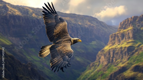 Majestic bird of prey soaring over mountain gorge