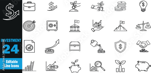 Investment icon set . Coin Stack, Growth Chart, Money Bag, Gold Bar, Safe Deposit, Financial Shield, Hand Coin, Piggy Bank, Rising Arrow, Briefcase Dollar .Vector illustration
