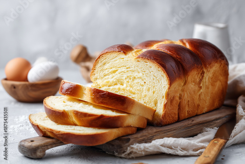 Freshly baked golden brioche bread loaf sliced on a white plate, accompanied by eggs and dairy products, creating a warm and inviting kitchen atmosphere for culinary enthusiasts